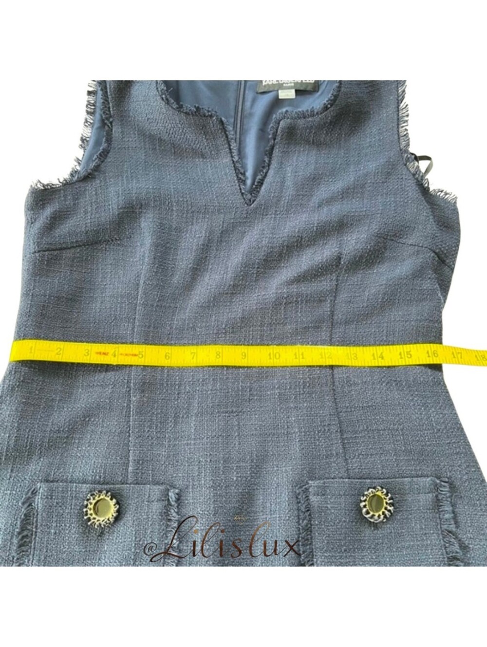 KARL LAGERFELD PARIS Sleeveless Tweed Fringe Sheath Dress Navy Size 10 EUC - Picture 12 of 15